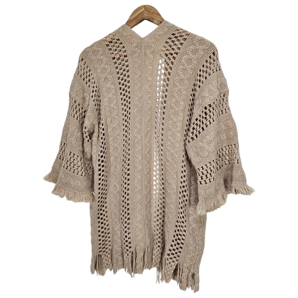 Do Everything In Love Tan Boho Crochet Knit Open Front Fringe Kimono Cardigan OS - Picture 4 of 10
